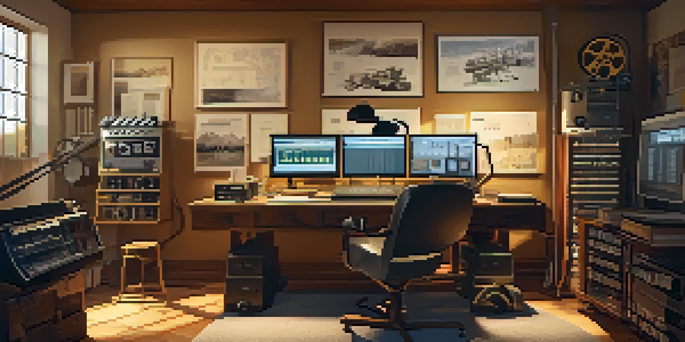 A vintage film editing room with film reels, a computer screen, and storyboards, illuminated by warm lighting.