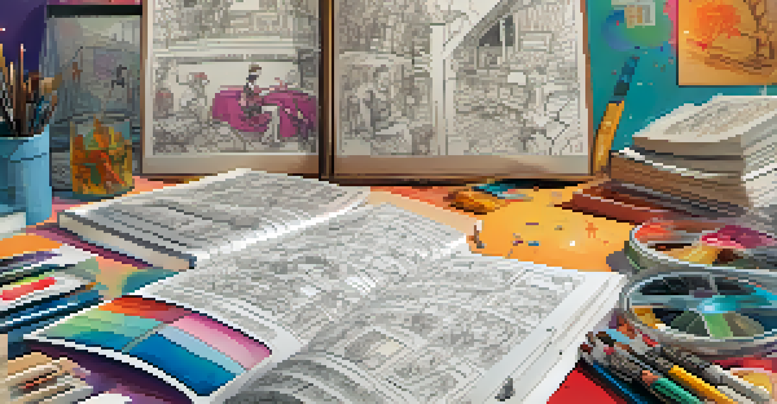 A detailed close-up of a storyboard page illustrating a character's emotional journey, with vibrant colors and sketches.
