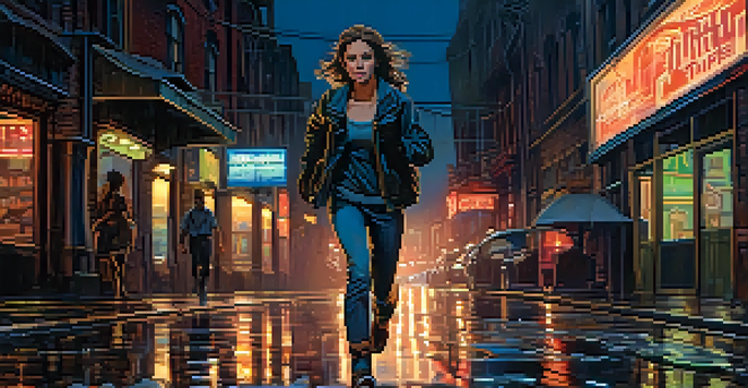 A young woman running in a dark urban setting towards a glowing clock tower, with neon signs reflecting on the ground and shadows around her.