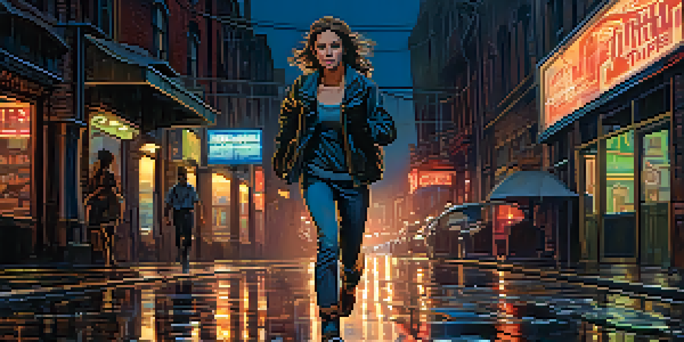 A young woman running in a dark urban setting towards a glowing clock tower, with neon signs reflecting on the ground and shadows around her.