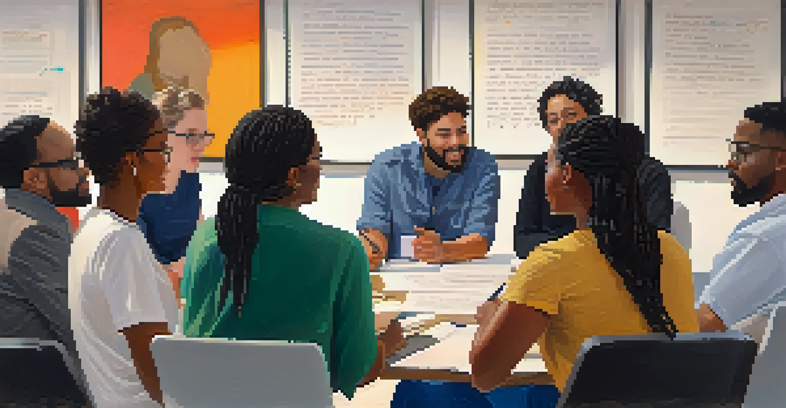 Diverse writers in a workshop discussing their scripts, surrounded by notes and ideas on a whiteboard.