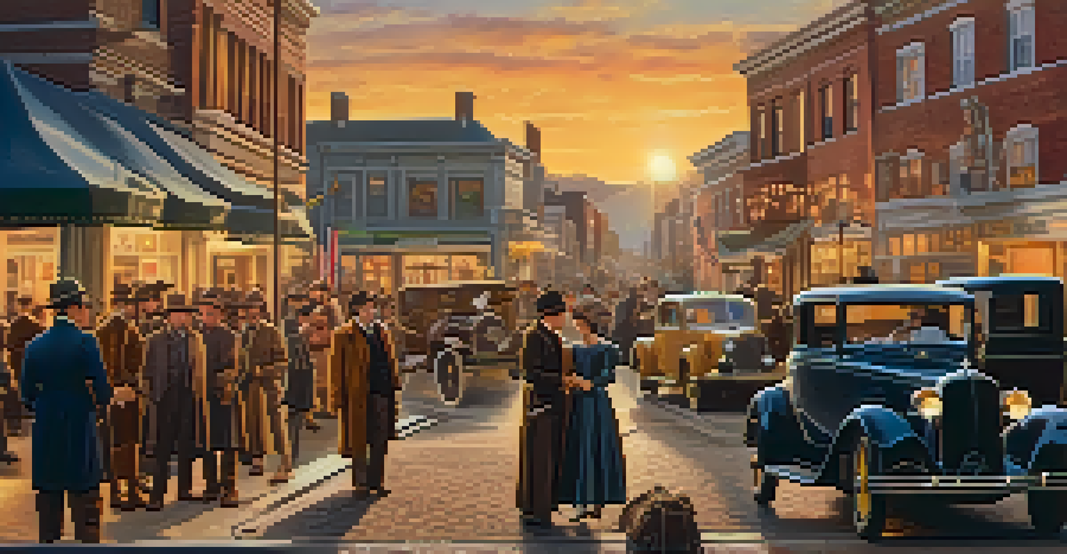 A lively film set depicting a historical event with actors in period costumes, surrounded by vintage cars and a sunset backdrop.
