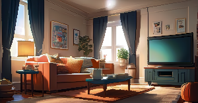 A comfortable living room with a couch, a large TV showing a movie, and popcorn on a side table, creating a cozy atmosphere.