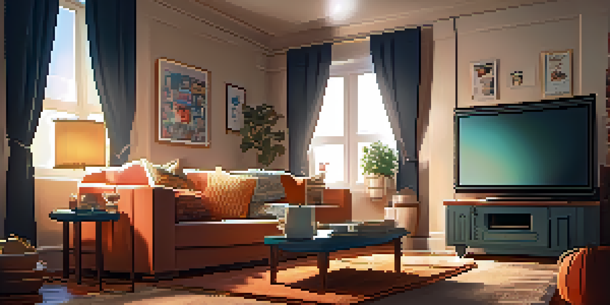 A comfortable living room with a couch, a large TV showing a movie, and popcorn on a side table, creating a cozy atmosphere.
