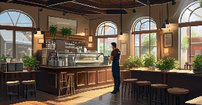 A cozy coffee shop with warm lighting, wooden tables, and a barista making coffee behind the counter.