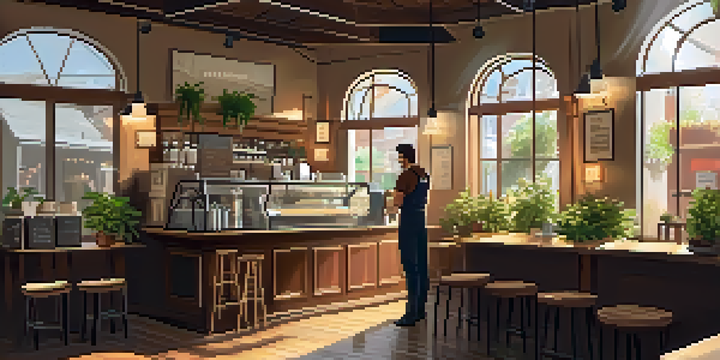 A cozy coffee shop with warm lighting, wooden tables, and a barista making coffee behind the counter.