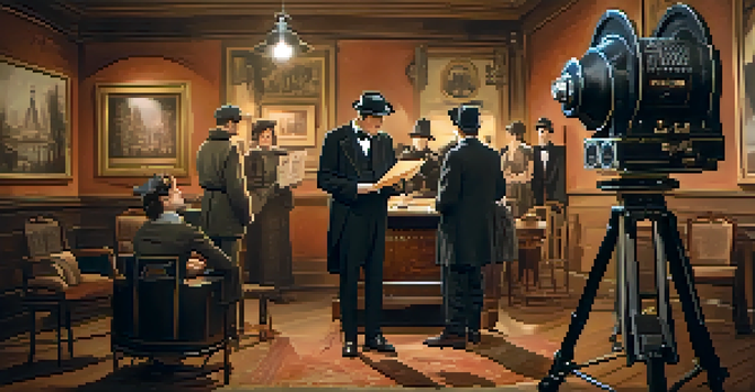 A vintage silent film set with actors in period costumes, an ornate camera, and a director, all bathed in soft warm light.