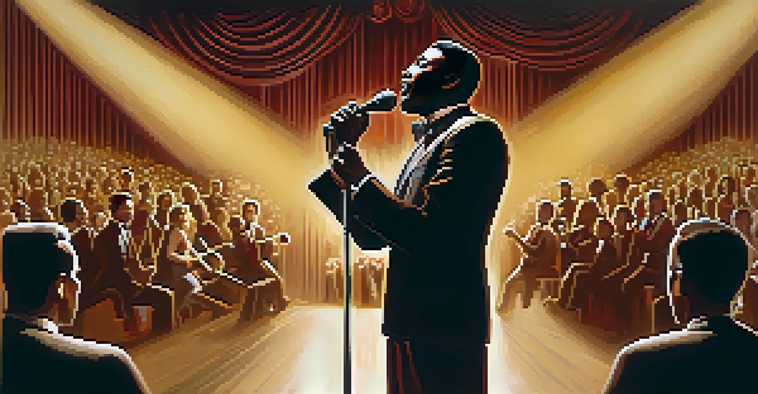 An artistic depiction of a performer on stage in 'The Jazz Singer' surrounded by an engaged audience, with warm golden lights.
