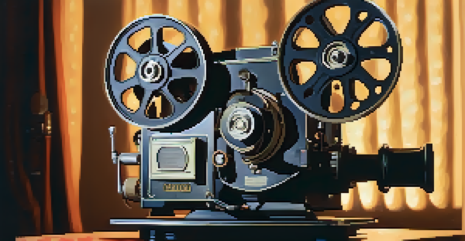 A detailed close-up of a vintage film projector in a dimly lit room, with film reels and memorabilia, illuminated by the warm glow of the projector light.