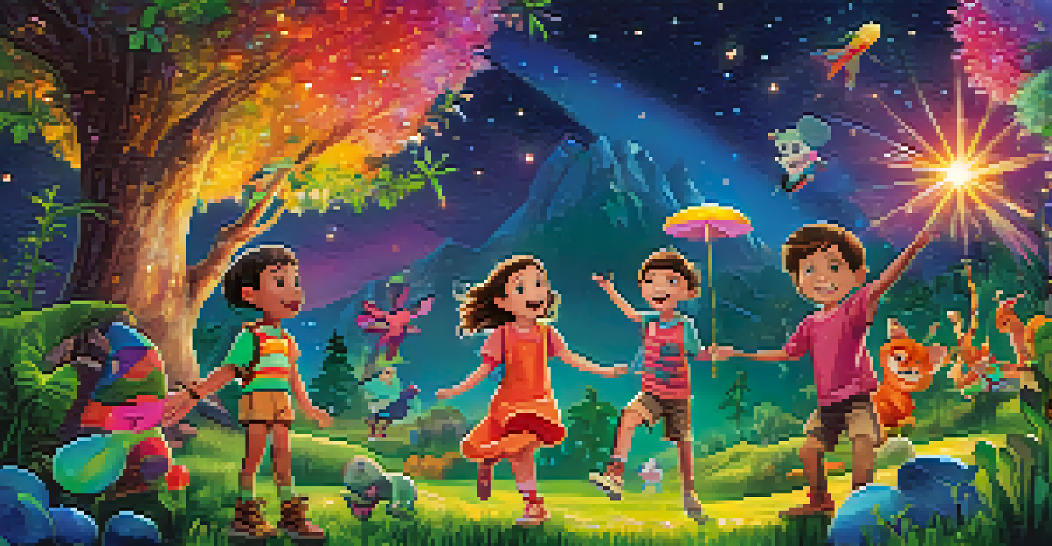 A family adventure film poster featuring children exploring a colorful, magical landscape with whimsical creatures.