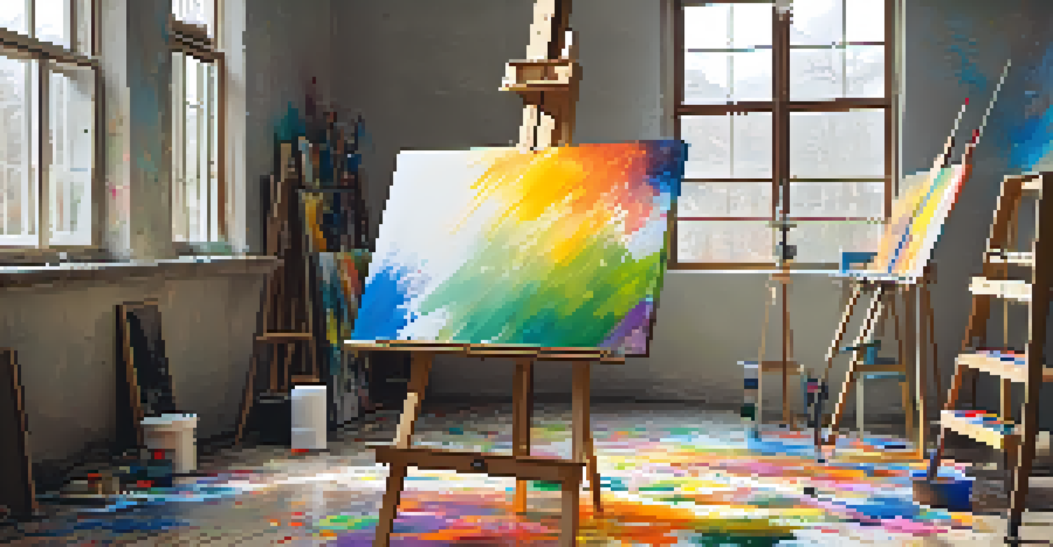 An art studio with splattered paint, a large canvas on an easel, brushes, and paint tubes, all illuminated by natural light.