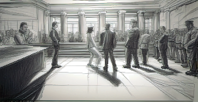 A close-up view of a storyboard sketch depicting a dramatic confrontation with characters and dialogue annotations.
