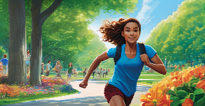 A storyboard panel depicting a character running in a park, surrounded by trees and flowers, with notes about camera angles.