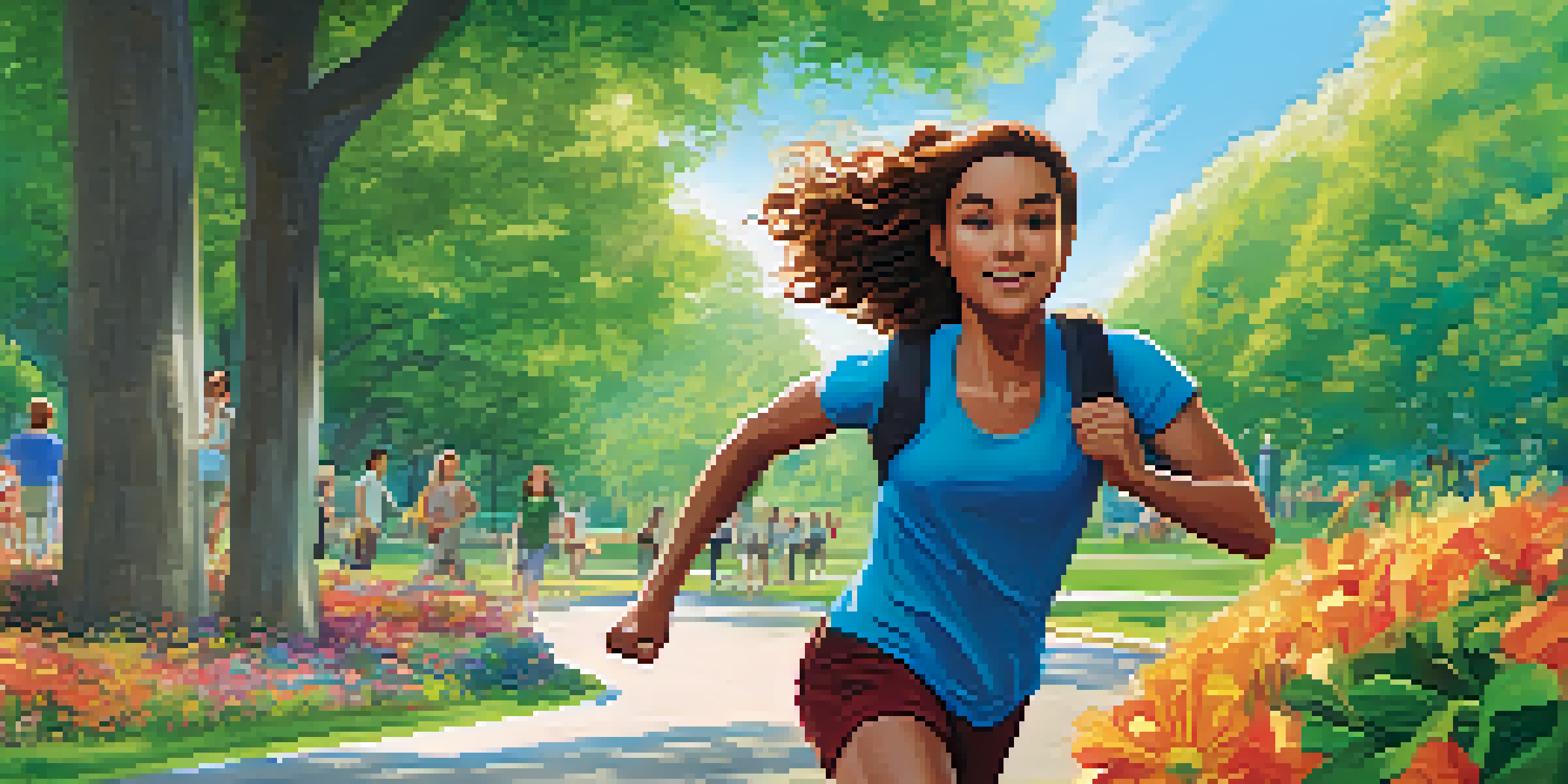 A storyboard panel depicting a character running in a park, surrounded by trees and flowers, with notes about camera angles.