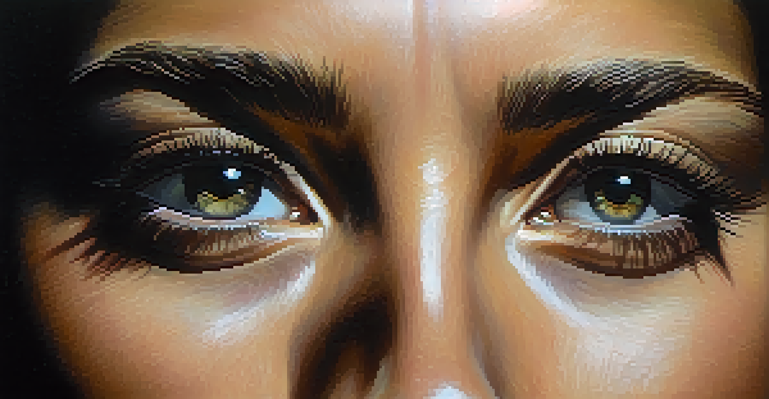 A close-up of a person's face in shadow with dramatic lighting highlighting their eyes and expression.