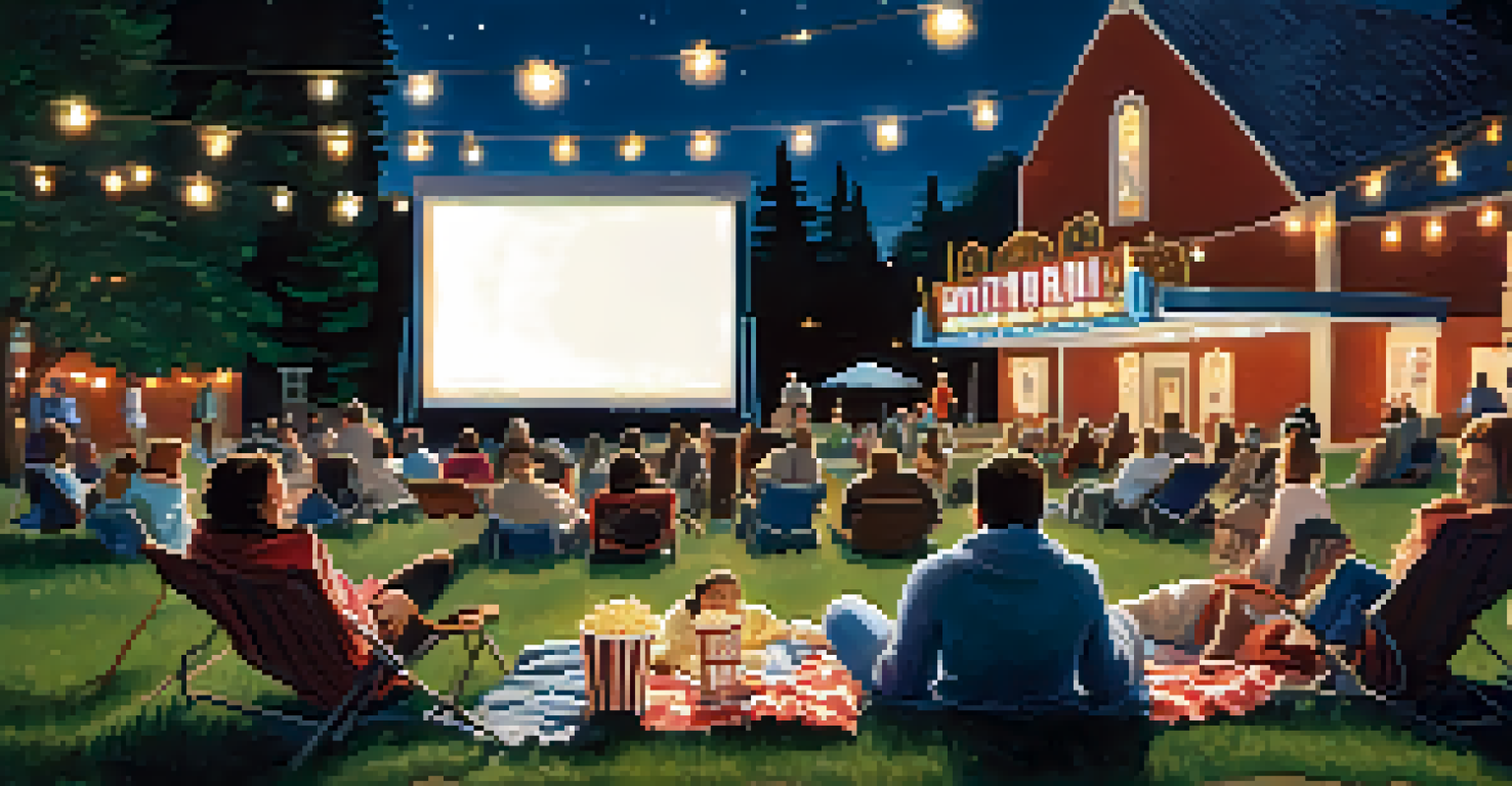 An outdoor movie theater with an engaged audience laughing at a comedy film under the stars.