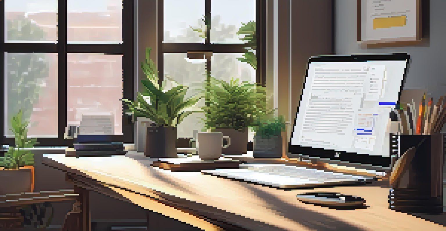 A modern screenwriter's workspace with a laptop, notes, coffee, and plants, filled with natural sunlight.