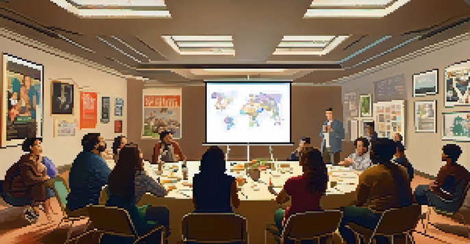 A warm workshop environment where diverse individuals discuss film criticism around a table with snacks and movie posters on the walls.