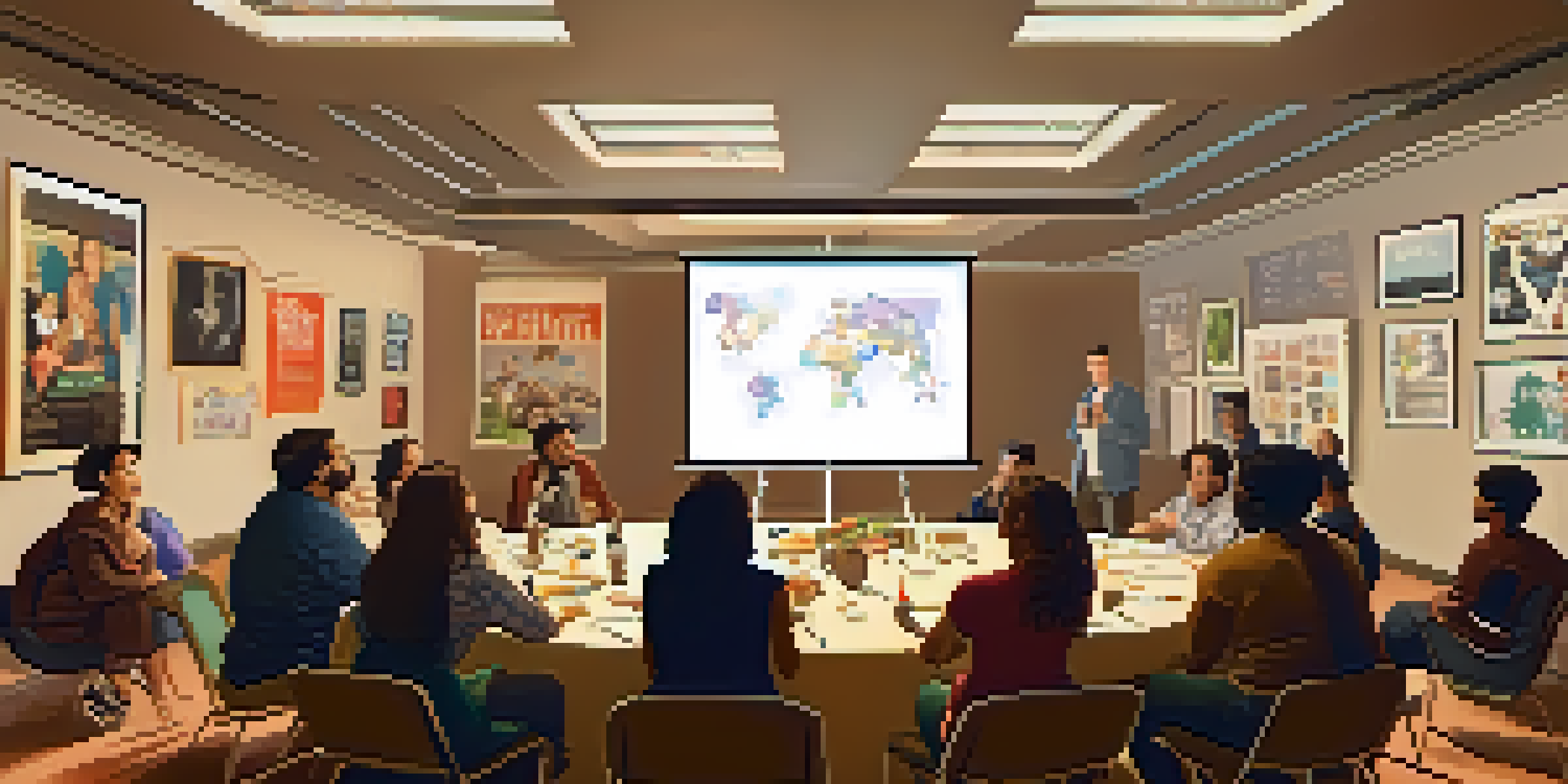 A warm workshop environment where diverse individuals discuss film criticism around a table with snacks and movie posters on the walls.