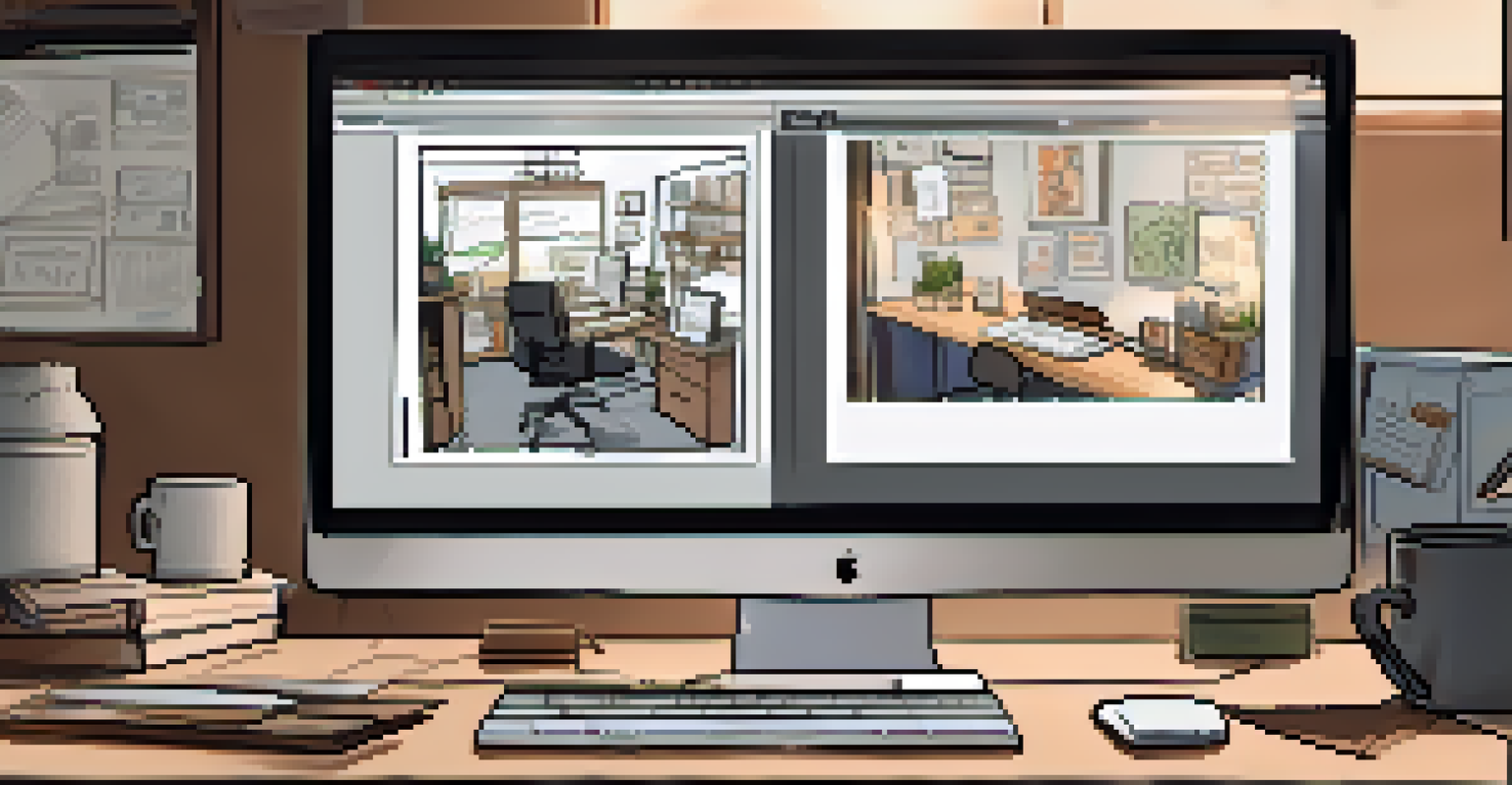 A workspace with a digital storyboard on a computer, surrounded by sketches and a coffee cup, illuminated by warm light.