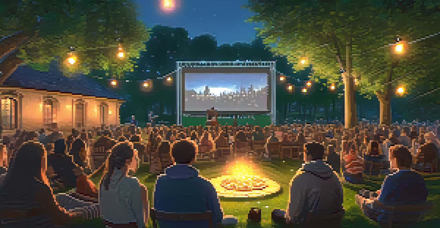 An outdoor cinema event with audience members interacting with live actors in a park, surrounded by fairy lights and a large screen showing a film.