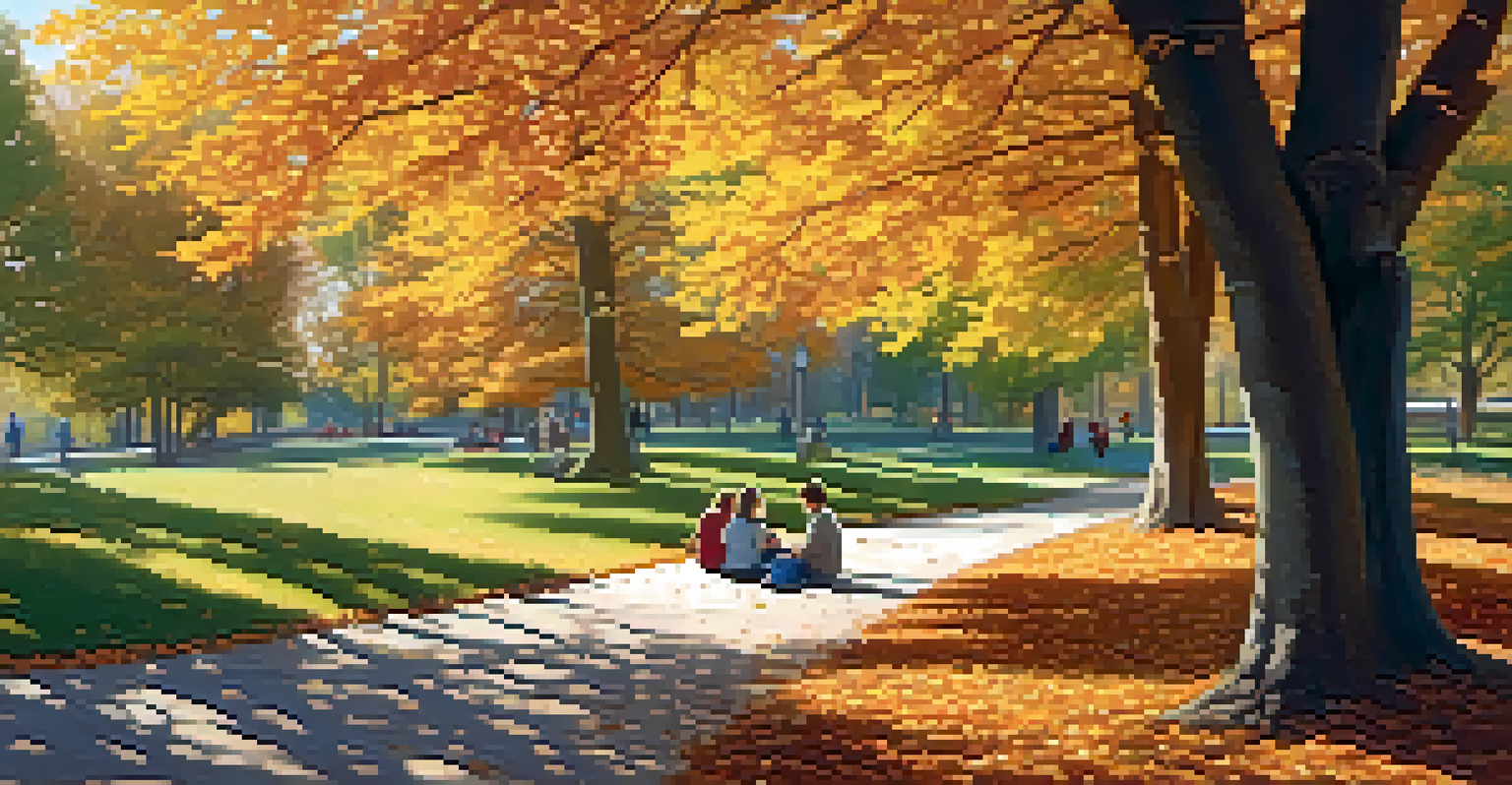 A picturesque autumn park scene with golden leaves, a family picnicking, and children playing with a dog in the sunlight.