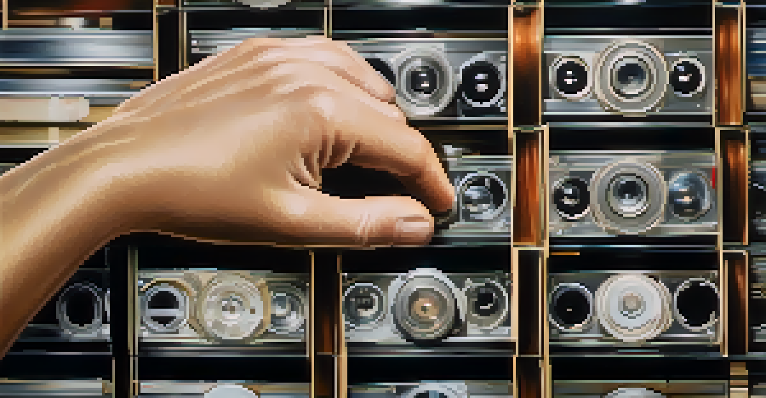 Close-up of a preservationist's hands carefully handling a fragile vintage film strip, with visible scratches and dust.