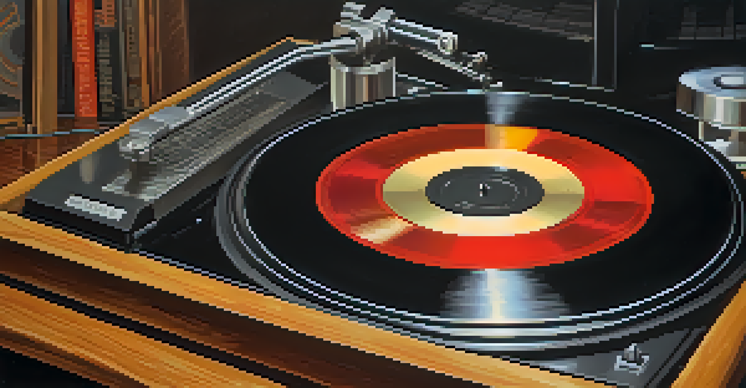 A close-up of a spinning vinyl record on a turntable, with a nostalgic background of a stereo system and album stacks.