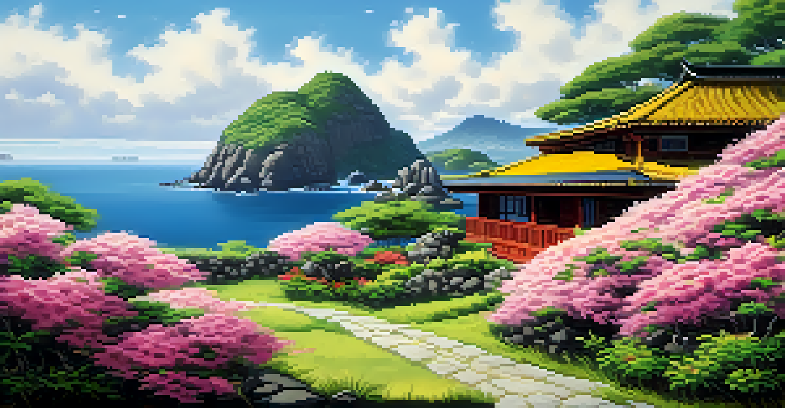 A picturesque view of Jeju Island featuring volcanic rock formations, a traditional Korean house, and vibrant flowers under a clear blue sky.