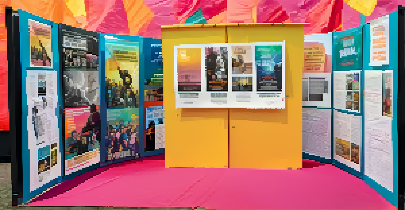 A lively film festival booth showcasing mental health awareness with colorful posters and brochures, attracting attendees for discussion.
