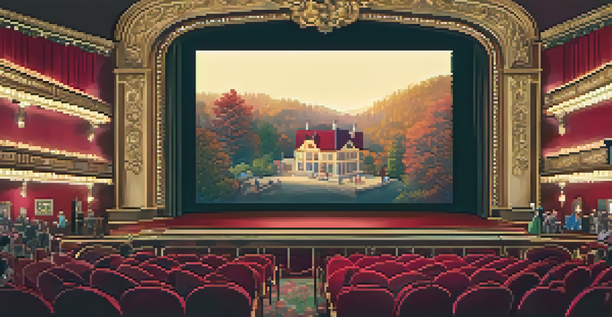 A vintage single-screen theater filled with families watching a silent film, with warm lighting and plush red velvet seats.