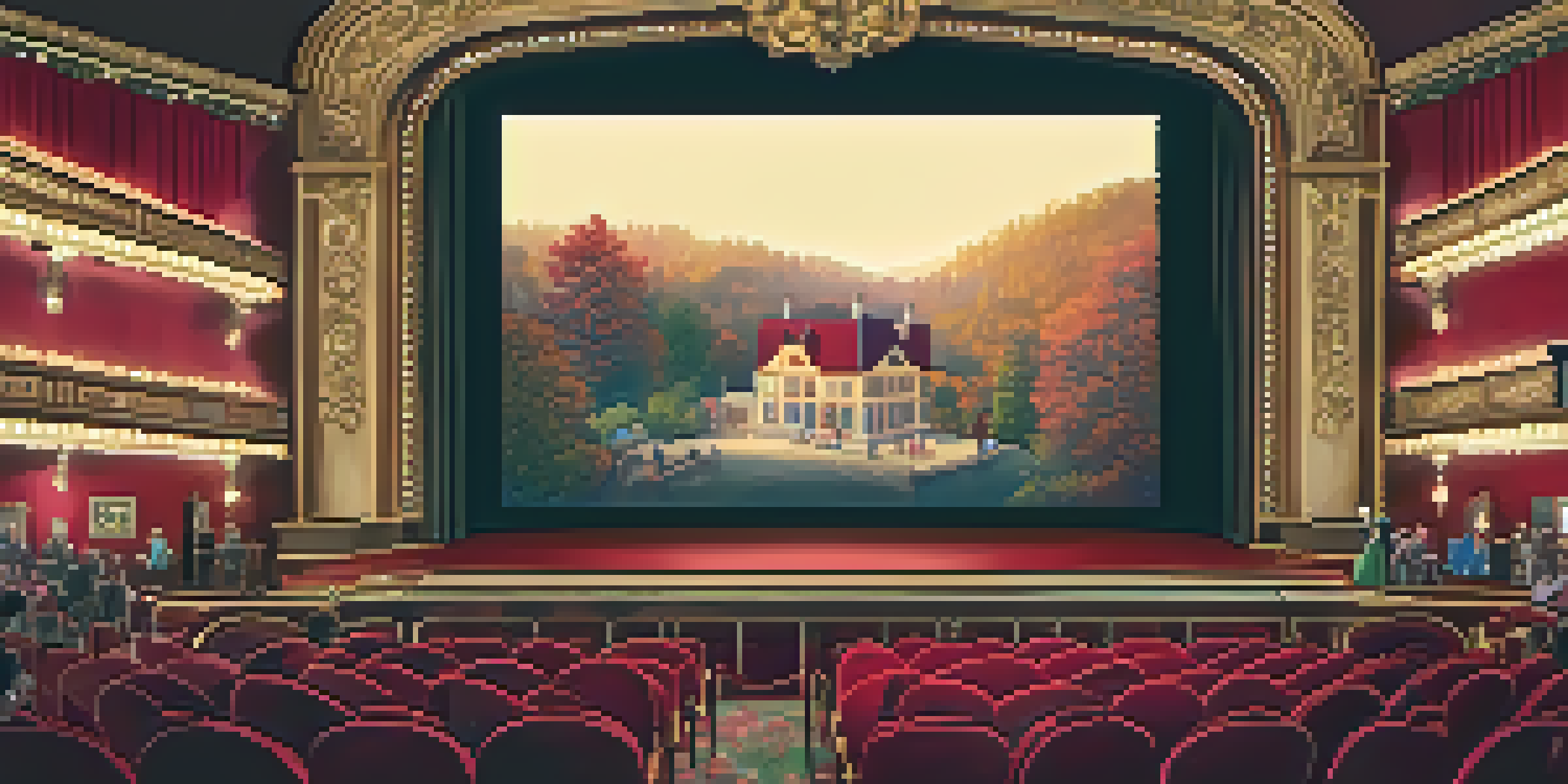 A vintage single-screen theater filled with families watching a silent film, with warm lighting and plush red velvet seats.