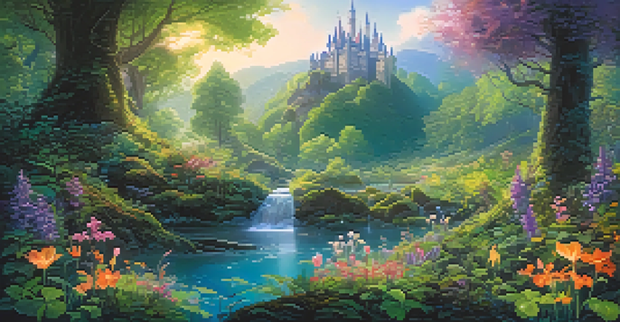 A colorful enchanted forest with glowing flowers and mystical creatures, sunlight streaming through the trees, and a castle in the background.