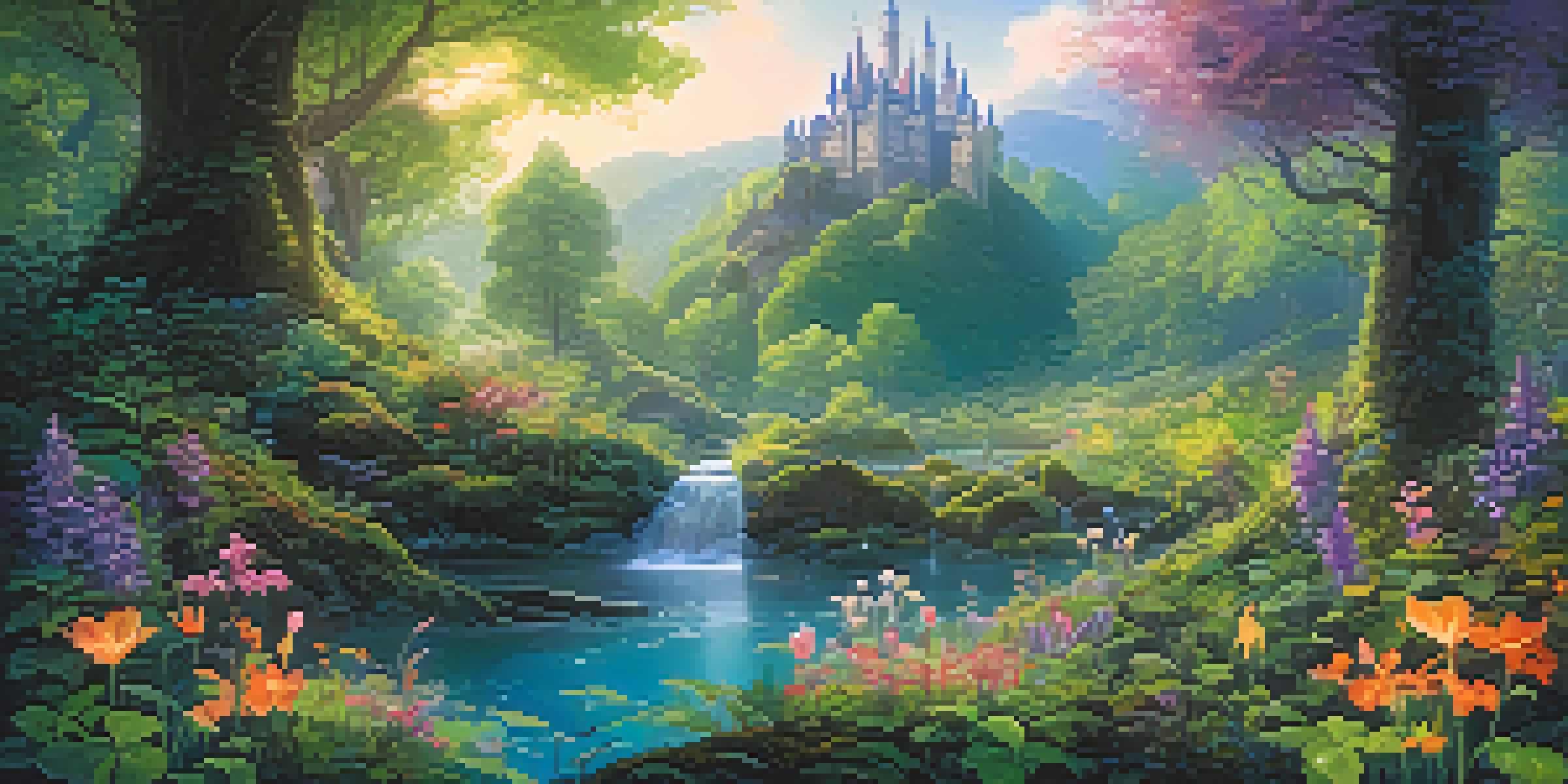 A colorful enchanted forest with glowing flowers and mystical creatures, sunlight streaming through the trees, and a castle in the background.