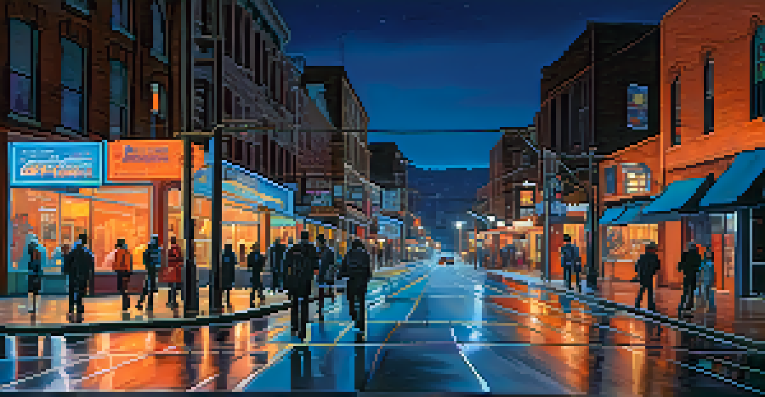 A bustling urban street at dusk, with glowing streetlights and reflections on wet pavement.