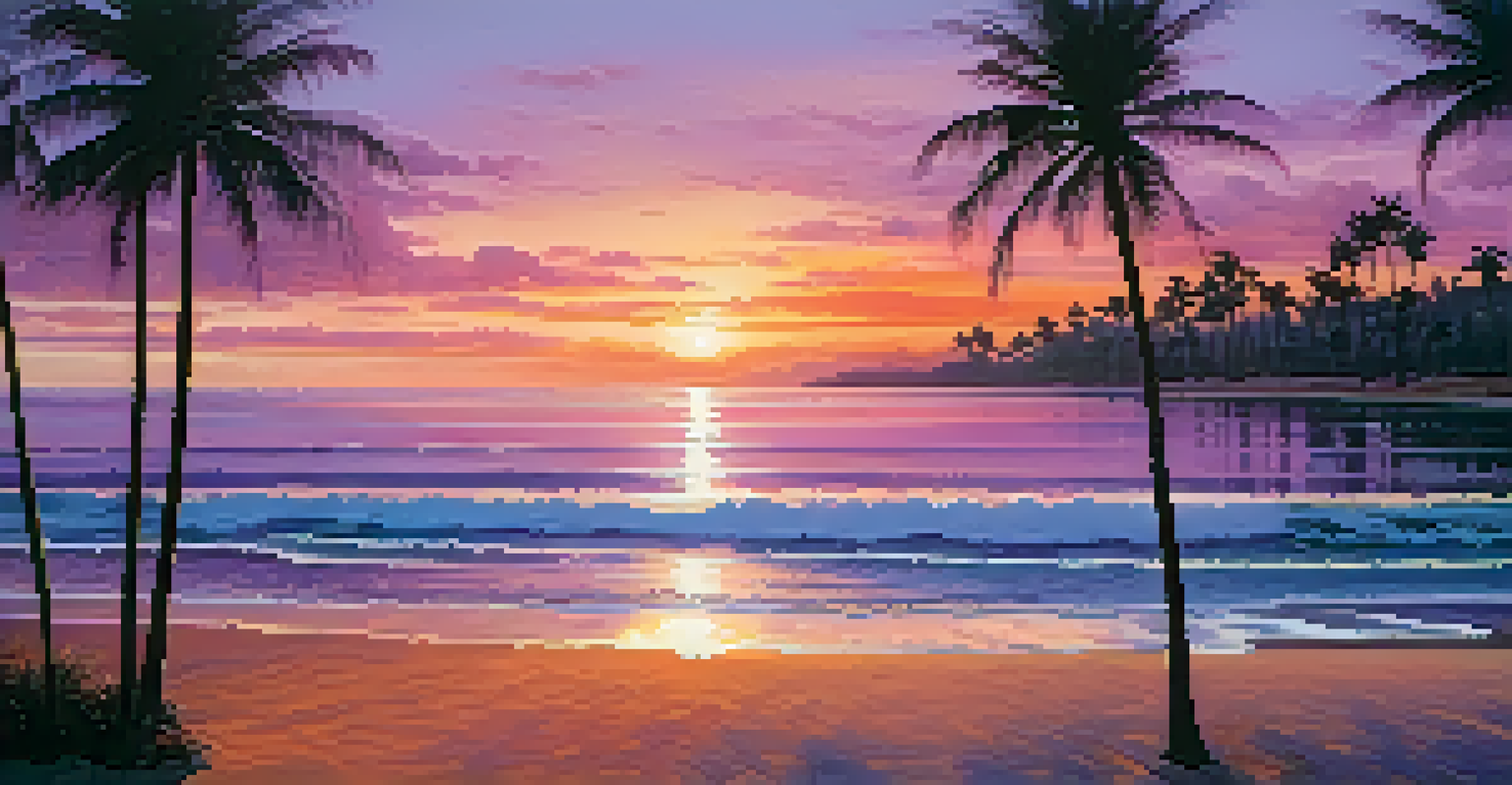 A tranquil beach at sunset with waves, silhouetted palm trees, and a colorful sky.