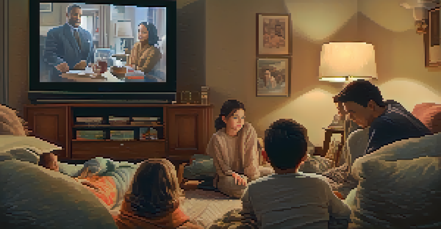 A family watching a biopic on a television in a cozy home setting, with expressions of engagement and empathy.