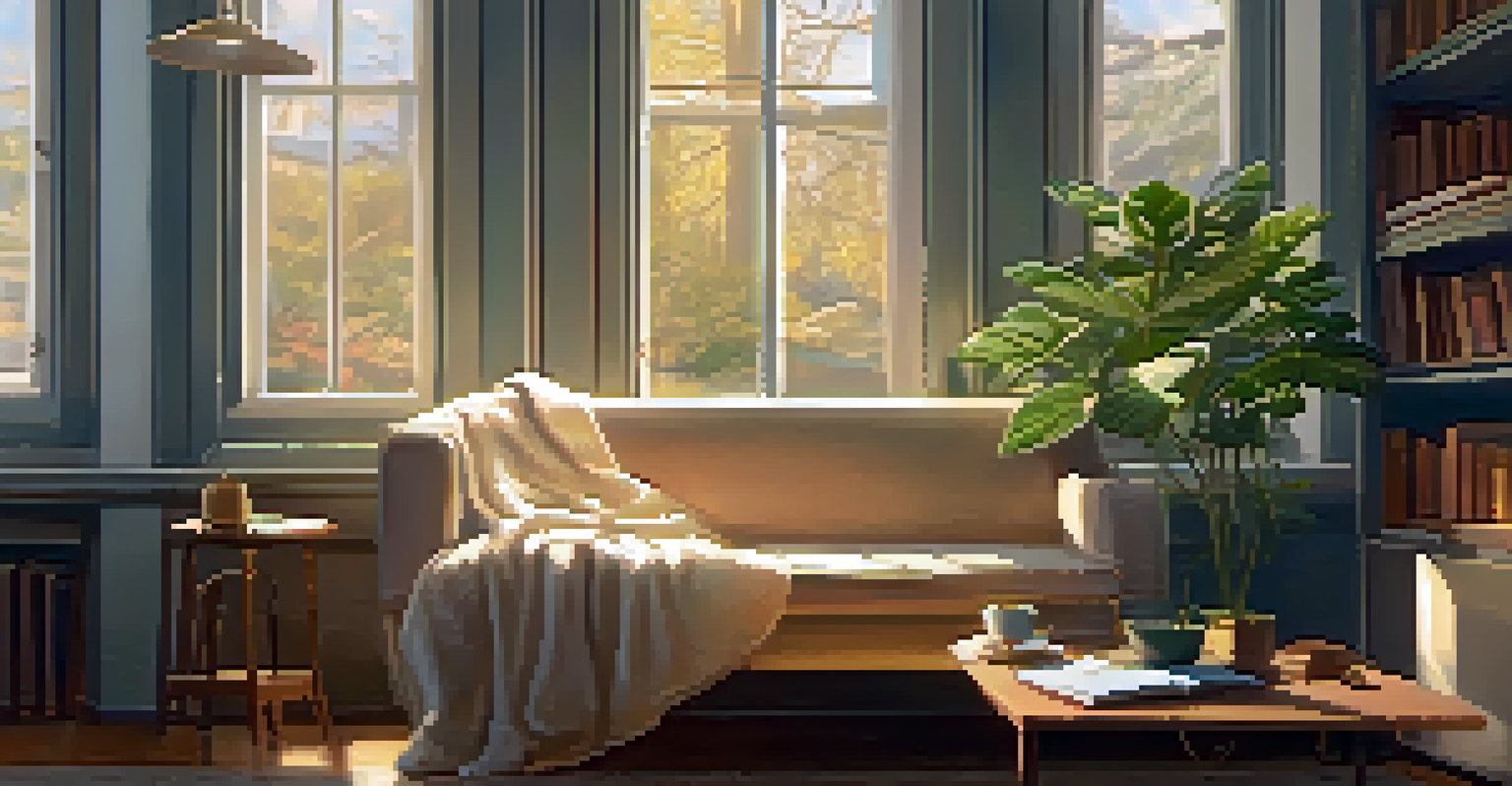 A young woman reading a book on a comfortable couch with warm lighting.