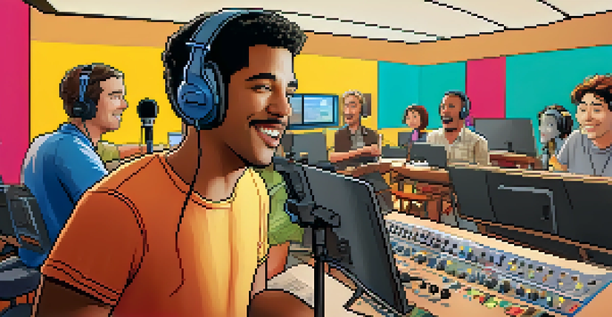 A colorful animation studio with voice actors recording in a sound booth surrounded by character sketches and sound equipment.