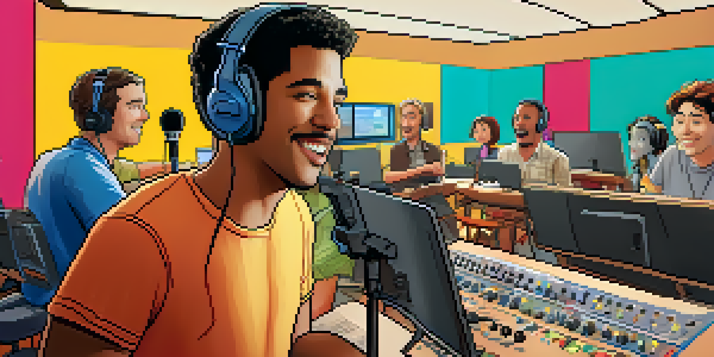 A colorful animation studio with voice actors recording in a sound booth surrounded by character sketches and sound equipment.