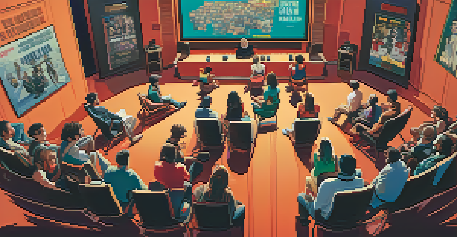 A diverse group of people engaged in a film analysis discussion while watching a movie, surrounded by colorful film posters in a bright room.