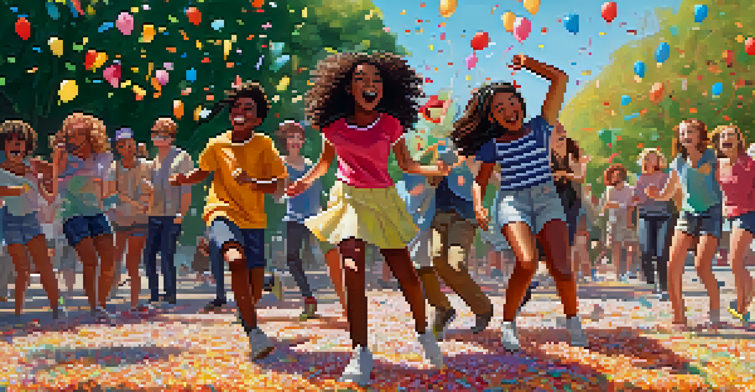 A group of diverse teenagers dancing joyfully in a park, surrounded by colorful confetti and balloons, with sunlight filtering through the trees.