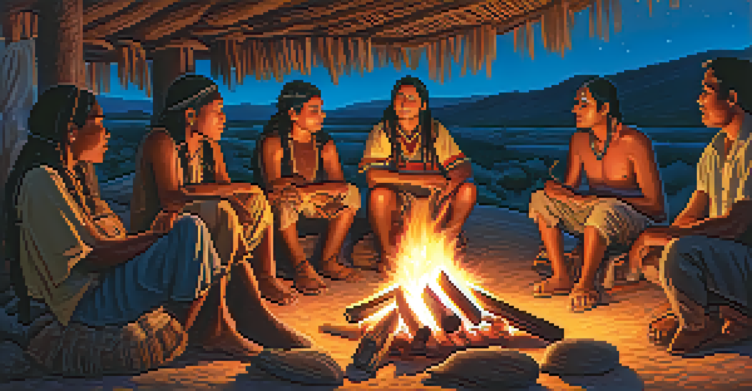 A group of Indigenous storytellers around a fire at dusk, sharing stories under a starry sky.