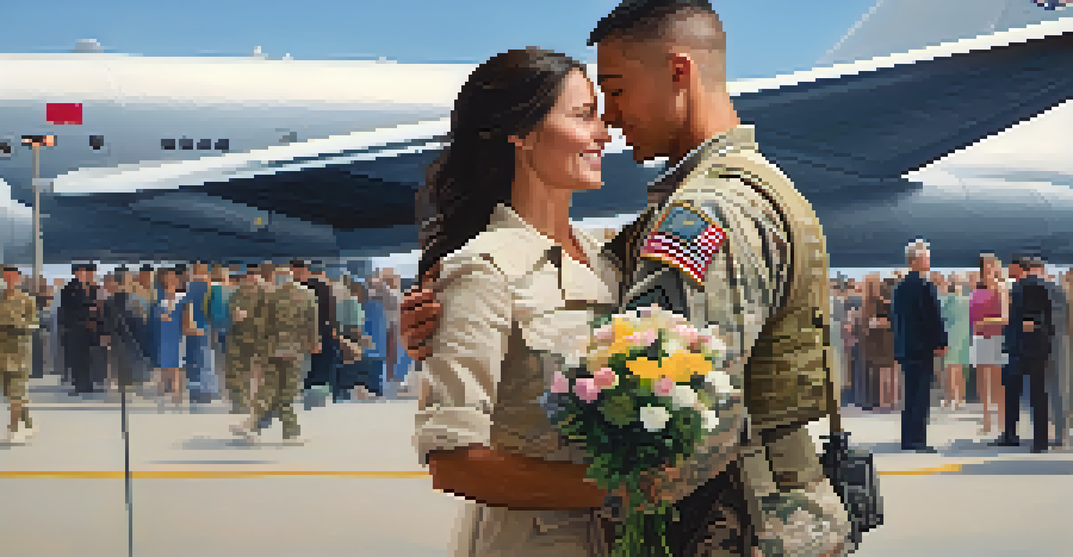 A heartfelt image of a soldier in uniform reuniting with family at the airport, holding flowers and surrounded by emotional expressions.