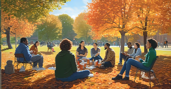 A diverse group of individuals in a park engaged in friendly conversations about mental health, surrounded by autumn trees and warm sunlight.