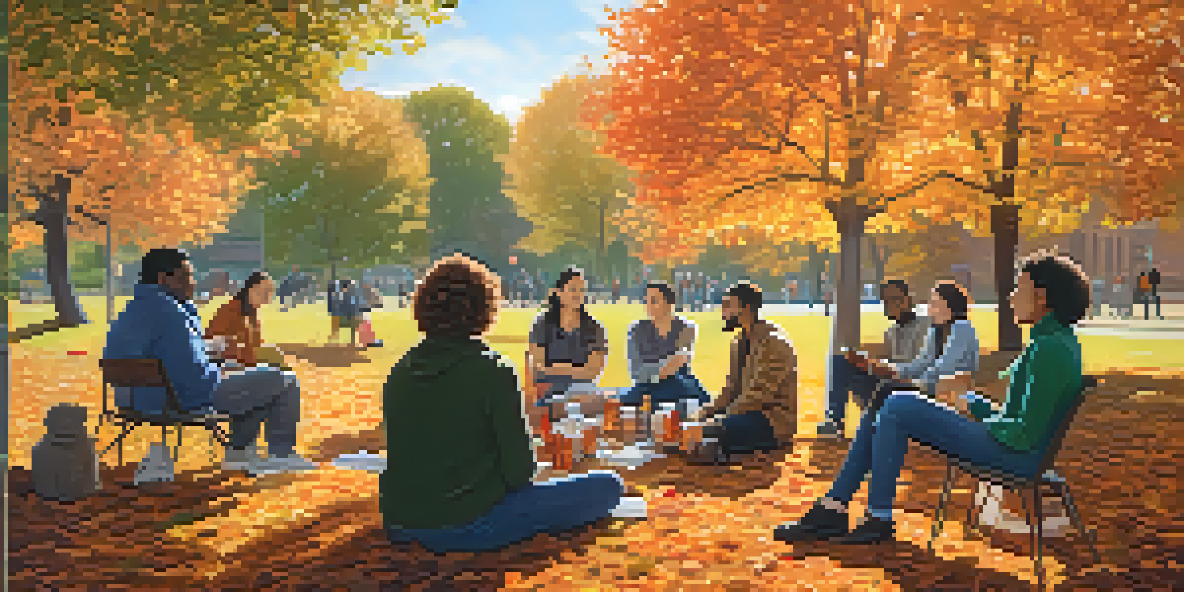 A diverse group of individuals in a park engaged in friendly conversations about mental health, surrounded by autumn trees and warm sunlight.