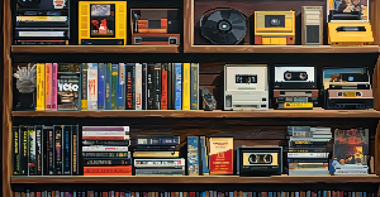 A shelf displaying a collection of cult films from the '80s and '90s, with VHS tapes and memorabilia in warm lighting.