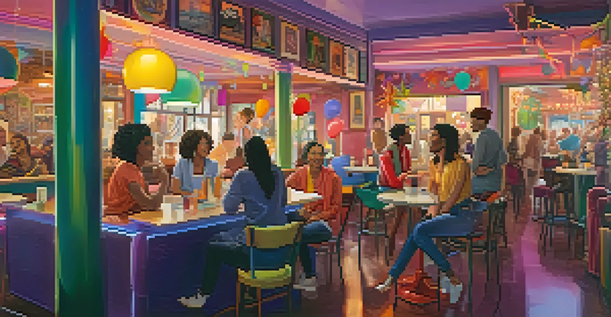 A lively café scene with diverse LGBTQ+ characters engaged in conversation, depicting a sense of community and acceptance.