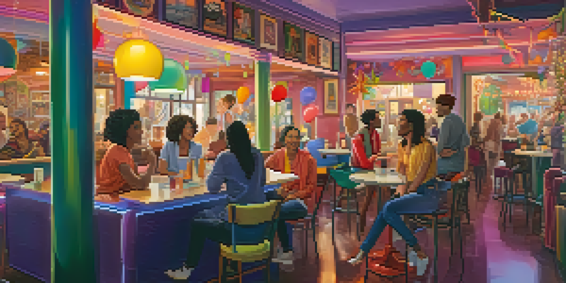 A lively café scene with diverse LGBTQ+ characters engaged in conversation, depicting a sense of community and acceptance.