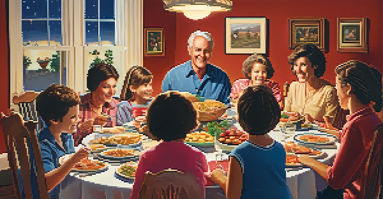 An 1980s family dinner scene with a diverse group enjoying food and conversation around a table.